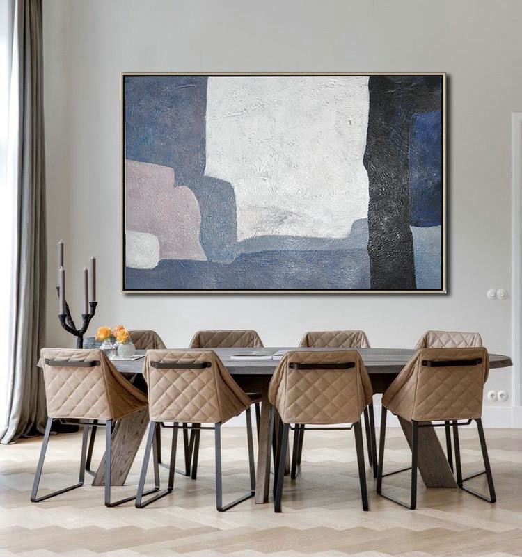 Handmade Large Contemporary Art,Horizontal Palette Knife Contemporary Art,Large Wall Canvas,Black,White,Blue,Pink.etc